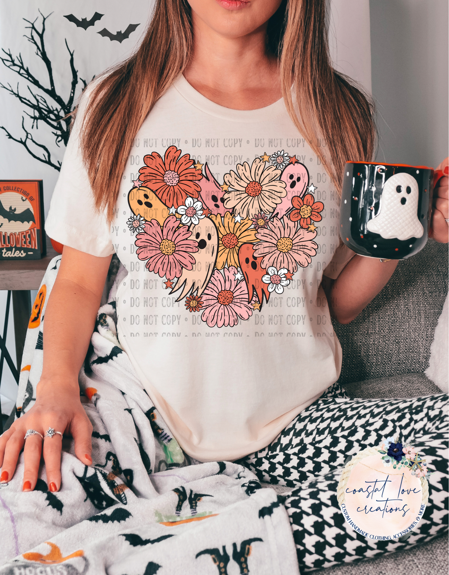 Pastel Floral Ghost Heart- Pink / Orange